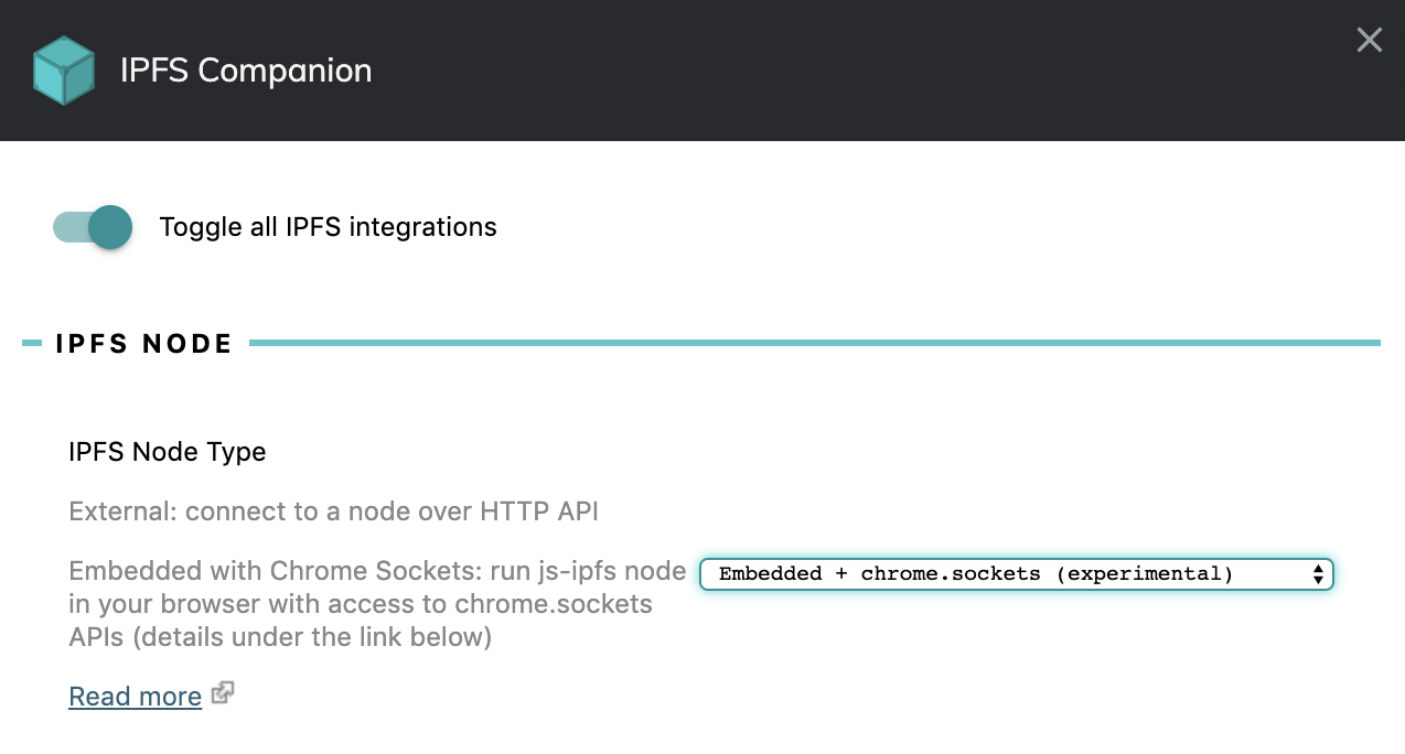 IPFS configuration option for embedded node using Chrome sockets API in Brave