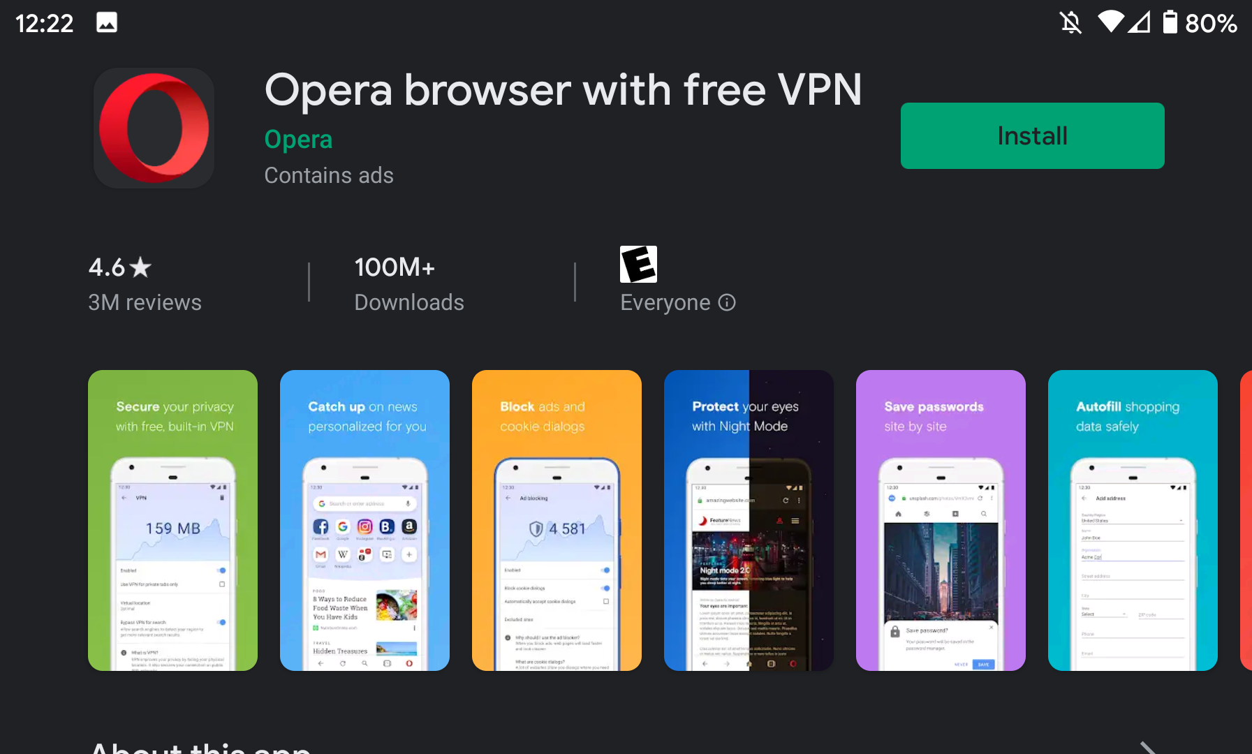 Screenshot of Opera for Android in the Google Play Store, linked to the URL of that page